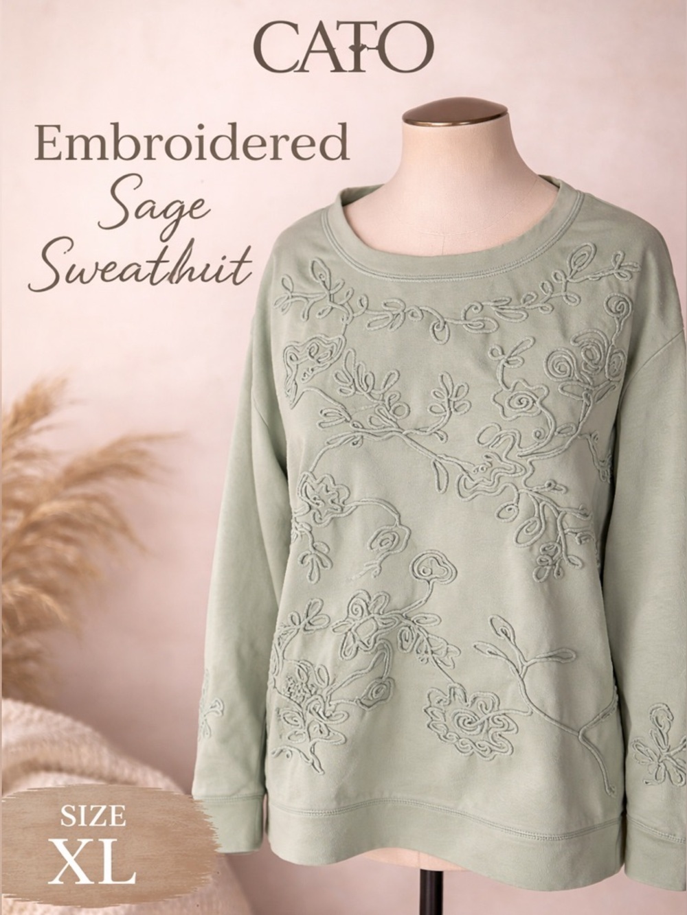 Cato Sage Green Embroidered Sweatshirt Floral Boho Cottagecore XL